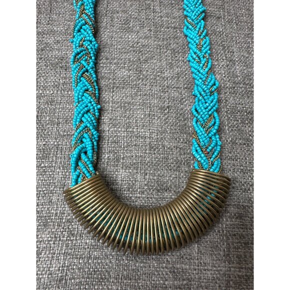 Turquoise & Gold Tone Braided Beaded Necklace w/ Brass Clasp Womens Fashion - Picture 2 of 4